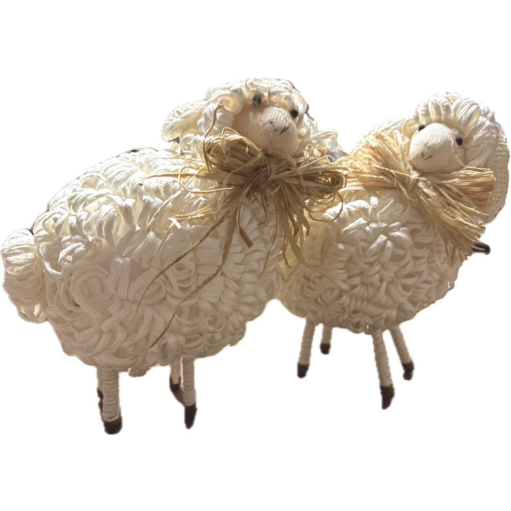 Rustic White Paper Loop Sheep Figurines Farmhouse Decor Set of 2‎ Raffia Bows